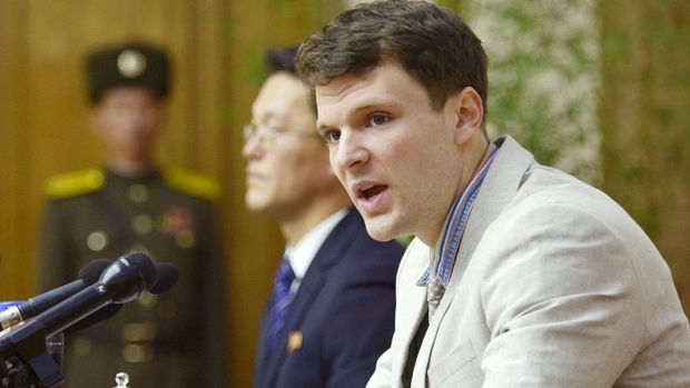 Otto Warmbier saat memberikan keterangan di depan pers Korut pada 29 Februari 2016