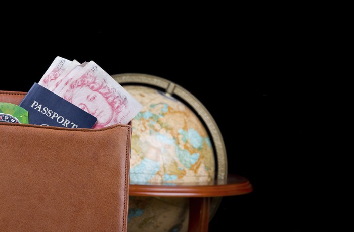 Leather binder with Passport, British Pounds and Globe