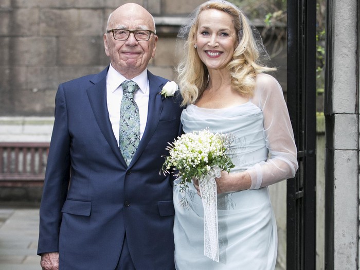 Rupert Murdoch and Jerry Hall LONDON, ENGLAND - MARCH 05: Rupert Murdoch and Jerry Hall seen leaving St Brides Church after their wedding on March 5, 2016 in London, England. (Photo by John Phillips/Getty Images)