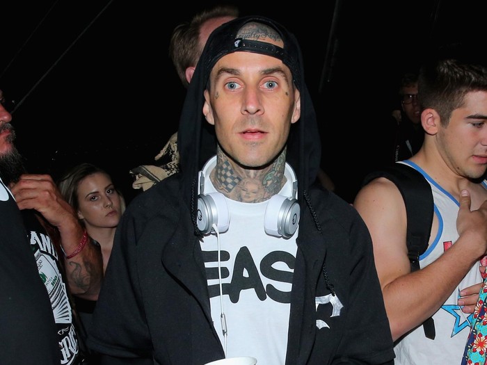 INDIO, CA - APRIL 11:  Musician Travis Barker attends during day 2 of the 2015 Coachella Valley Music & Arts Festival (Weekend 1) at the Empire Polo Club on April 11, 2015 in Indio, California.  (Photo by Mark Davis/Getty Images)