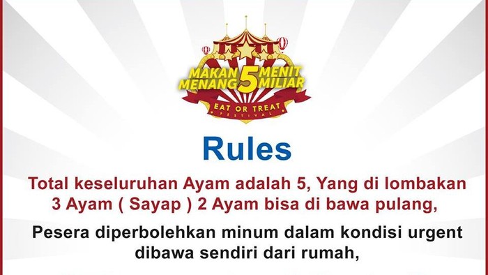 Aturan Lomba Makan Ayam KFC: Peserta Boleh Minum Dalam Kondisi Urgent