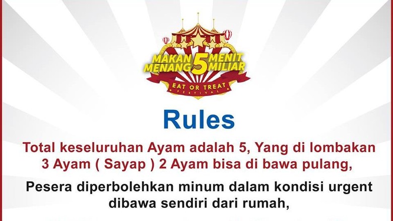 Aturan Lomba Makan Ayam KFC: Peserta Boleh Minum Dalam Kondisi Urgent Aturan Lomba Makan Ayam KFC: Peserta Boleh Minum Dalam Kondisi Urgent