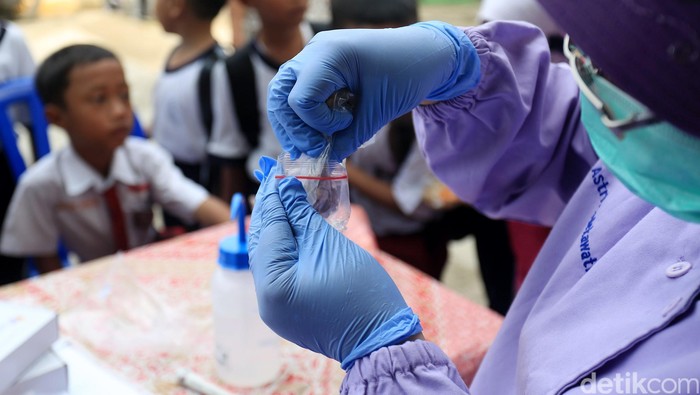 Sejumlah siswa sekolah dasar 01 mengamati petugas Badan Pengawasan obat dan Makanan (BPOM) yang mengambil sample jajanan Kantin sekolah di SD 01 Klender, Jakarta, Selasa (15/3/2016). Pengambilan sample jajanan dan makanan kantin tersebut untuk melihat kondisi kesehatan makanan di kantin sekolah dan mengkampanyekan makanan yang sehat. Grandyos Zafna/detikcom