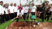 Aksi Menteri Siti memegang cangkul saat melakukan penanaman pohon.