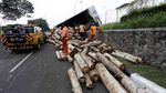 Truk Muat Kayu Terguling