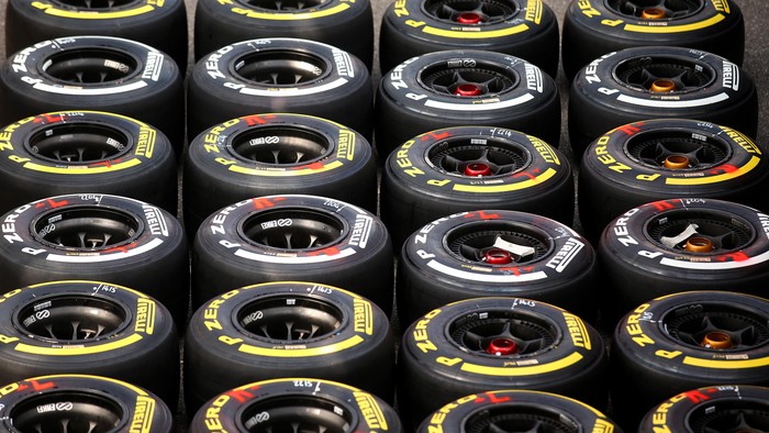 MONZA, ITALY - SEPTEMBER 03:  Sets of Pirelli tyres are laid out on the floor outside the McLaren garage during previews to the Formula One Grand Prix of Italy at Autodromo di Monza on September 3, 2015 in Monza, Italy.  (Photo by Bryn Lennon/Getty Images)