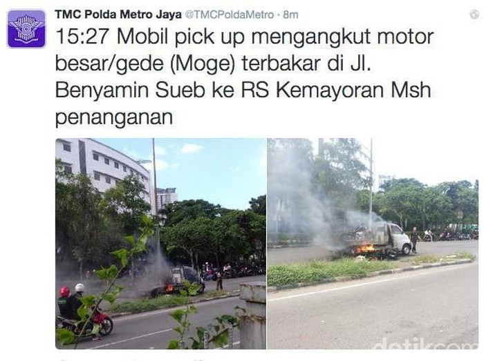 Mobil Pikap Pengangkut Moge Terbakar di Kemayoran