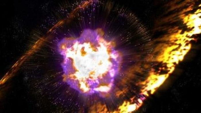 Ilustrasi ledakan bintang. Foto: Supernova (ledakan bintang terbesar) kemungkinan meningkatkan sinar kosmik yang masuk ke Bumi sebanyak 15%. (Foto: Greg Stewart SLAC National Accelerator Laboratory) (Credit: ABC licensed) Ilustrasi ledakan bintang. Foto: Supernova (ledakan bintang terbesar) kemungkinan meningkatkan sinar kosmik yang masuk ke Bumi sebanyak 15%. (Foto: Greg Stewart SLAC National Accelerator Laboratory) (Credit: ABC licensed)