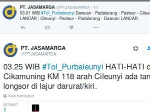 Ada Longsor di Tol Purbaleunyi KM 118 Arah ke Bandung