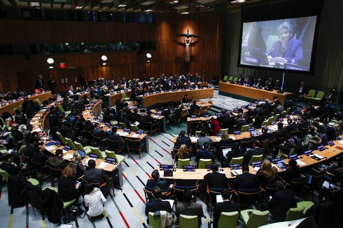 Irina Bokova, Director-General of UNESCO, speaks during the first-ever hearings of candidates vying to become the next UN secretary-general, at UN headquarters in New York on April 12, 2016
Irina Bokova, Director-General of UNESCO, speaks during the first-ever hearings of candidates vying to become the next UN secretary-general, at UN headquarters in New York on April 12, 2016 (AFP Photo/Kena Betancur)