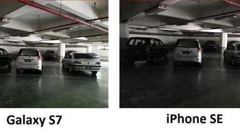 Ketika di basement, jepretan Galaxy S7 lebih terang. Sementara iPhone SE kurang dan terdapat noise. Foto: detikINET/afr