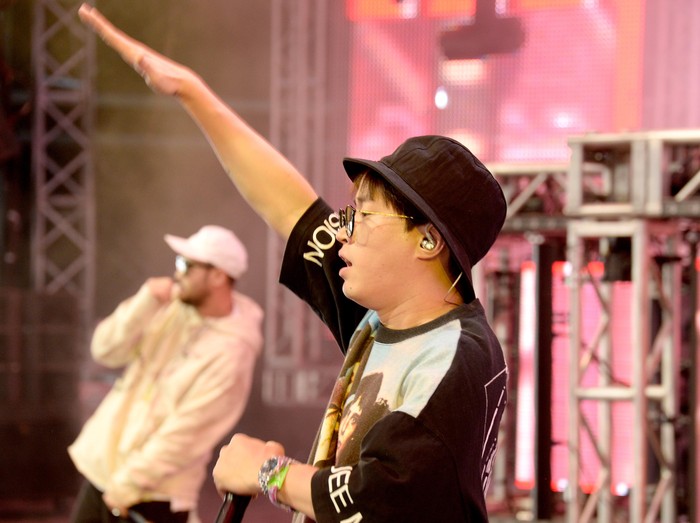 INDIO, CA - APRIL 17:  (L-R)  Mithra Jin, DJ Tukutz,  and Tablo of Epik High perform onstage during day 3 of the 2016 Coachella Valley Music And Arts Festival Weekend 1 at the Empire Polo Club on April 17, 2016 in Indio, California.  (Photo by Michael Tullberg/Getty Images for Coachella)