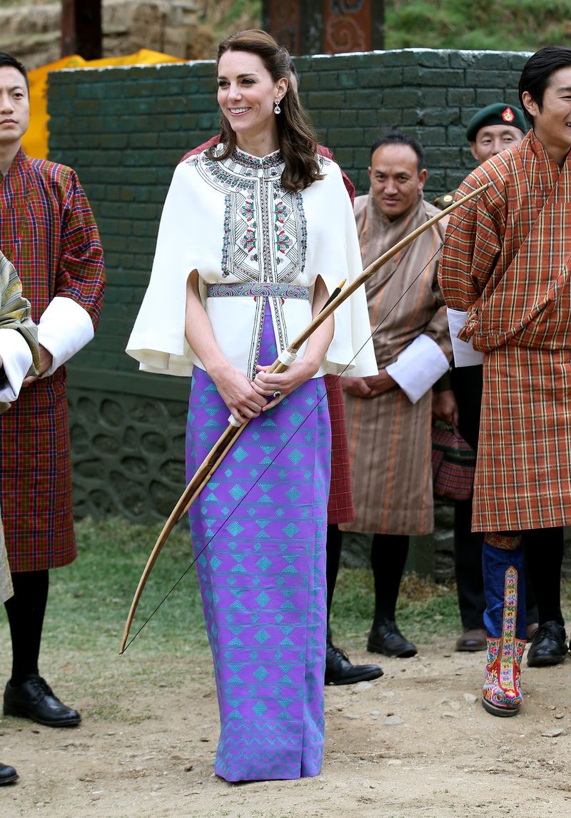 THIMPHU, BHUTAN - APRIL 14:  Catherine, Duchess of Cambridge arrives at a demonstration of Bhutanese sports at the National Stadium on the first day of a two day visit to Bhutan on the 14th April 2016 in Paro, Bhutan. The Royal couple are visiting Bhutan as part of a week long visit to India and Bhutan that has taken in cities such as Mumbai, Delhi, Kaziranga, Bhutan and Agra.  (Photo by Chris Jackson/Getty Images)