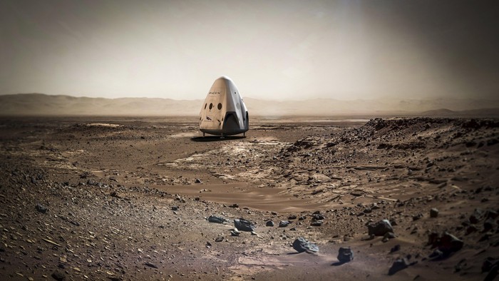 A SpaceX dragon capsule is shown on the surface of Mars in this artists concept photo provided April 27, 2016.  SpaceX/Handout Photo via Reuters ATTENTION EDITORS - THIS IMAGE WAS PROVIDED BY A THIRD PARTY. EDITORIAL USE ONLY. NO RESALES. NO ARCHIVE.