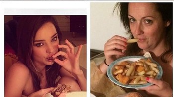 Gaya foto Miranda Kerr yang terlihat cantik dengan makanannya. Berbeda jauh dengan hasil foto Barber. Foto: instagram/celestebarber