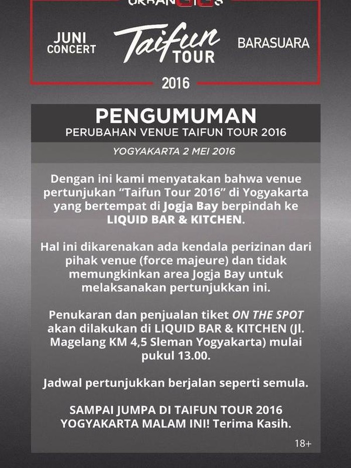 Taifun Tour 2016 Barasuara di Yogyakarta Pindah Tempat