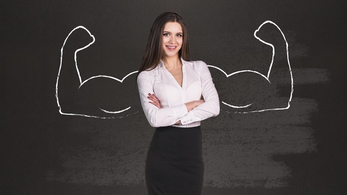 Business woman with drawn powerful hands