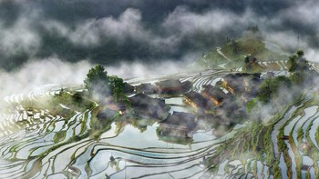 Suasana berkabut di Terrace Village karya Thierry Bornier. Foto: National Geographic