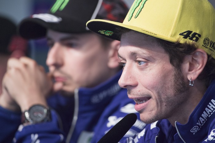 JEREZ DE LA FRONTERA, SPAIN - APRIL 23: Valentino Rossi of Italy and Movistar Yamaha MotoGP speaks during the press conference at the end of the qualifying practice during the MotoGp of Spain - Qualifying at Circuito de Jerez on April 23, 2016 in Jerez de la Frontera, Spain.