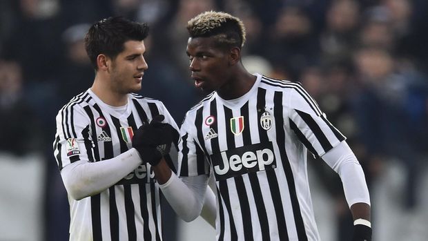Pogba-Morata TURIN, ITALY - DECEMBER 16: Paul Pogba (R) of FC Juventus celebrates his goal with team mate Alvaro Morata during the TIM Cup match between FC Juventus and Torino FC at Juventus Arena on December 16, 2015 in Turin, Italy. (Photo by Valerio Pennicino/Getty Images)