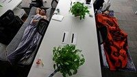 Dua orang pekerja menghabiskan waktu istirahat dengan tidur siang. Jason Lee/Reuters/detikFoto.