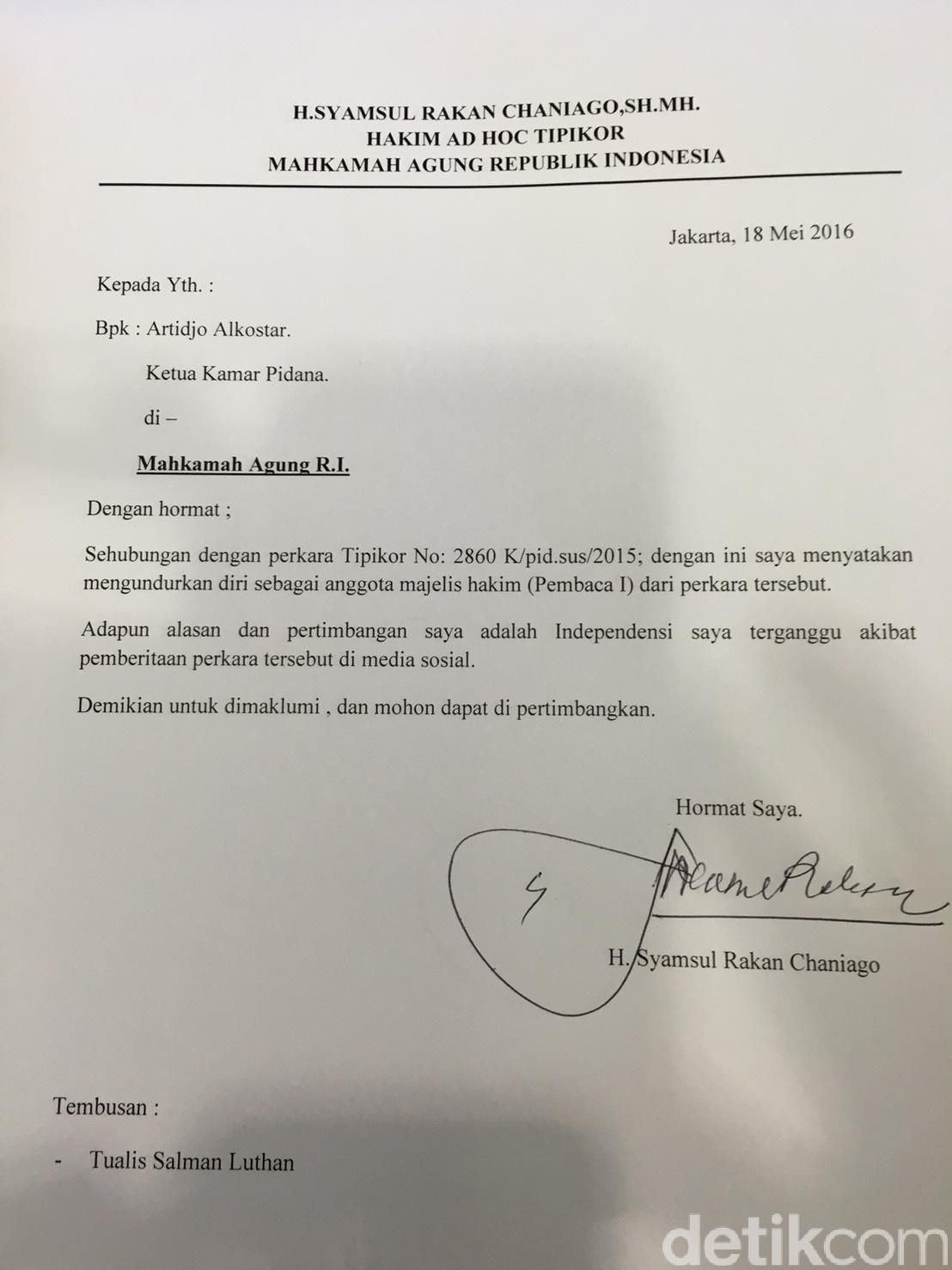 surat tembusan pengunduran diri Hakim Namanya Mundur Perkara Bengkulu dari Dicatut, Syamsul