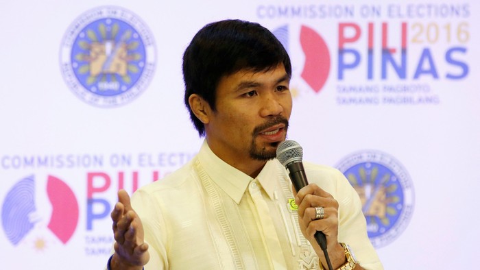 Philippine boxing star and Senator Manny Pacquiao speaks during a news conference after being proclaimed by elections officials as one of the new members of the upper house of Congress in Manila, Philippines May 19, 2016.   REUTERS/Erik De Castro
