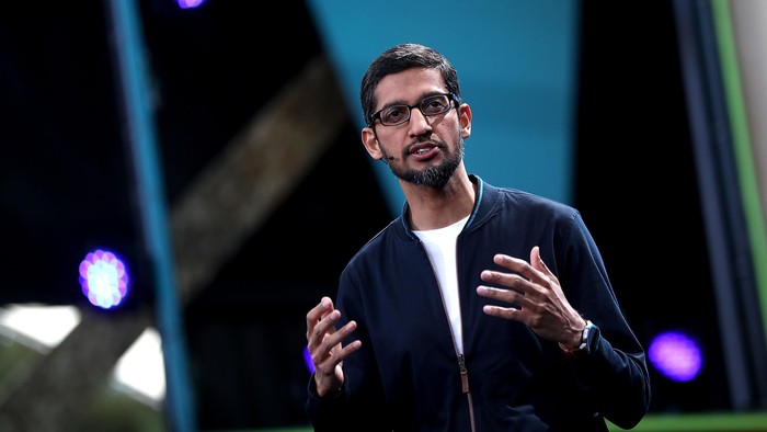 MOUNTAIN VIEW, CA - MAY 18:  Google CEO Sundar Pichai speaks during Google I/O 2016 at Shoreline Amphitheatre on May 19, 2016 in Mountain View, California. The annual Google I/O conference is runs through May 20.  (Photo by Justin Sullivan/Getty Images)