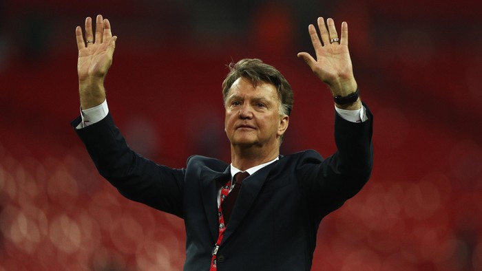 LONDON, ENGLAND - MAY 21:  Louis van Gaal Manager of Manchester United salutes the fans after winning The Emirates FA Cup Final match between Manchester United and Crystal Palace at Wembley Stadium on May 21, 2016 in London, England. Man Utd won 2-1 after extra time.  (Photo by Paul Gilham/Getty Images)