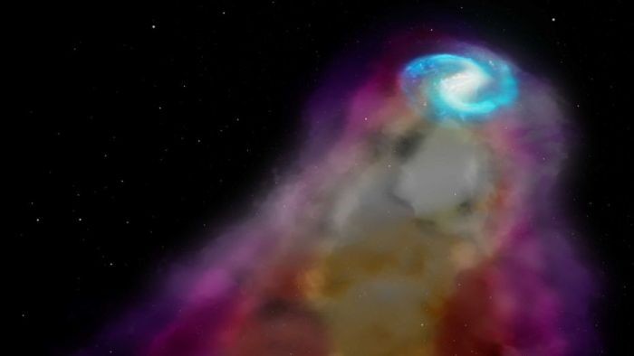 Ilustrasi desainer tentang deteksi sinyal hidrogen atom. Supplied; ICRAR