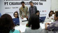 (Kiri-kanan) Direktur Komersial PT Cikarang Listrindo Tbk Matius Sigiaman dan Direktur Keuangan Christanto Pranata saat menyaksikan penawaran umum saham di Menara Summitmas 1, Jakarta, Rabu (8/6/2016).