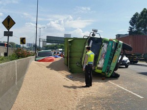 Truk Pengangkut Makanan Ternak Terguling, Tol Cikampek Macet 4 Km