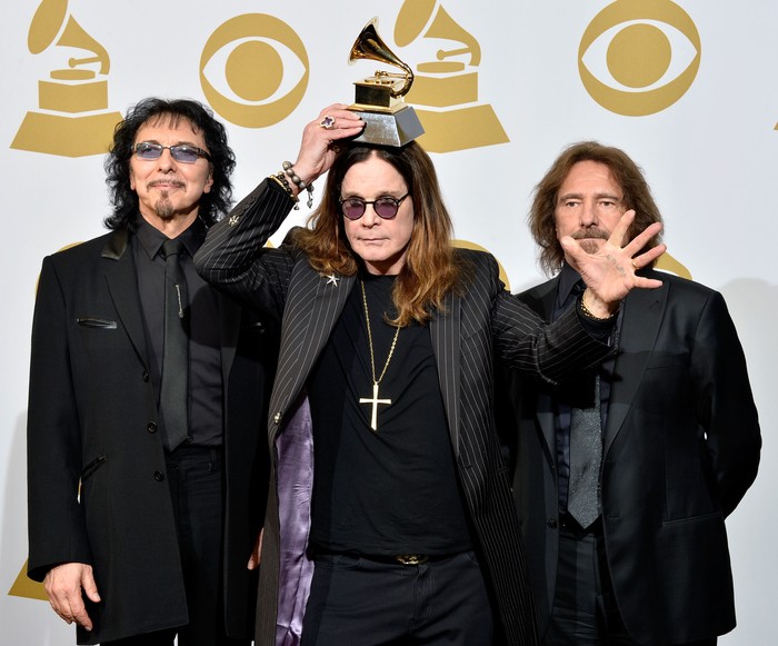LOS ANGELES, CA - JANUARY 26:  (L-R) Recording artists Tony Iommi, Ozzy Osbourne and Geezer Butler of Black Sabbath pose in the press room during the 56th GRAMMY Awards at Staples Center on January 26, 2014 in Los Angeles, California.  (Photo by Frazer Harrison/Getty Images)