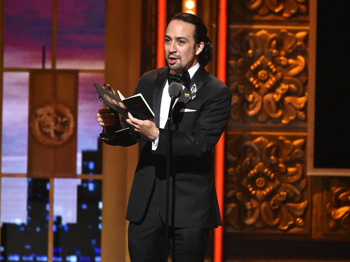 NEW YORK, NY - JUNE 12:  Songwriter Lin-Manuel Miranda accepts the award for Best Book of A Musical for Hamilton onstage during the 70th Annual Tony Awards at The Beacon Theatre on June 12, 2016 in New York City.  (Photo by Theo Wargo/Getty Images for Tony Awards Productions)