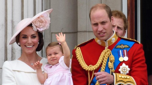 LONDON, ENGLAND - JUNE 11: (L-R) Camilla, Duchess of Cornwall, Charles, Prince of Wales, Catherine, Duchess of Cambridge, Princess Charlotte of Cambridge, Prince George of Cambridge, Prince William, Duke of Cambridge, Queen Elizabeth II and Prince Philip, Duke of Edinburgh watch a fly past during the Trooping the Colour, this year marking the Queens 90th birthday at The Mall on June 11, 2016 in London, England. The ceremony is Queen Elizabeth IIs annual birthday parade and dates back to the time of Charles II in the 17th Century when the Colours of a regiment were used as a rallying point in battle.  (Photo by Ben A. Pruchnie/Getty Images)