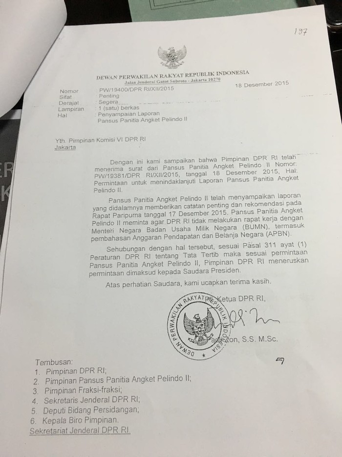 Ini Surat Fadli Zon Larang Menteri Rini Rapat di DPR