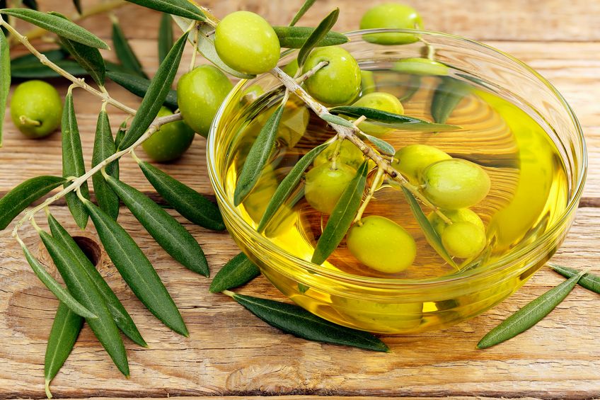 olive tree branch dipped in bowl of olive oil