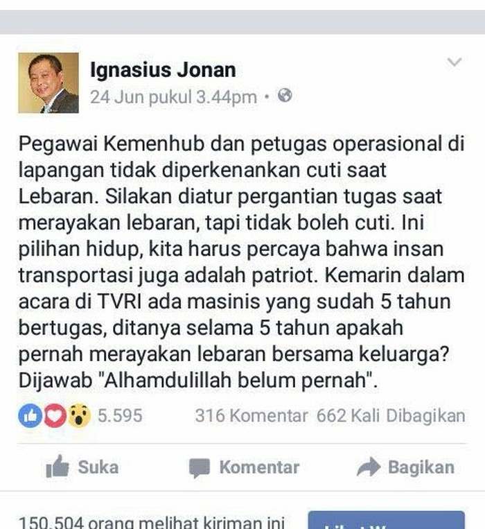 Jonan Larang PNS Kemenhub Ambil Cuti Lebaran