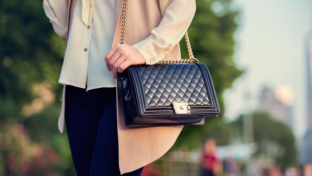 Woman carrying elegant purses bag at city park