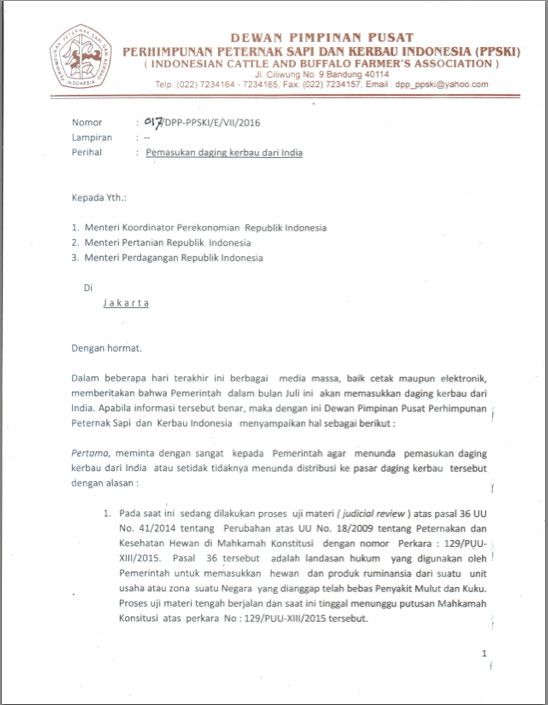 Surat Protes Asosiasi Peternak Terhadap Impor Daging Kerbau