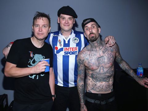 LOS ANGELES, CA - JUNE 12: (L-R) Musicians Mark Hoppus, Matt Skiba and Travis Barker of Blink-182 backstage as Bethesda Softworks shows off new video game experiences at its E3 Showcase and BE3 Plus event at the LA Hangar in Los Angeles, ahead of the Electronic Entertainment Expo (E3) happening at the Los Angeles Convention Center from June 14-16, on June 12, 2016 in Los Angeles, California.  (Photo by Jonathan Leibson/Getty Images for Bethesda Softworks LLC)