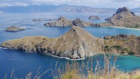 Foto: Pulau Padar yang berbukit-bukit ini menawarkan pemandangan memesona. Di antara perbukitan, tampak teluk-teluk dengan air laut bergradasi biru. Cantik! (Kurnia/detikTravel)