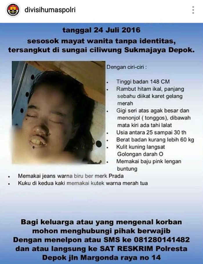 Perempuan ini Ditemukan Tewas di Ciliwung, Ada yang Kenal? Silakan Kontak Polisi