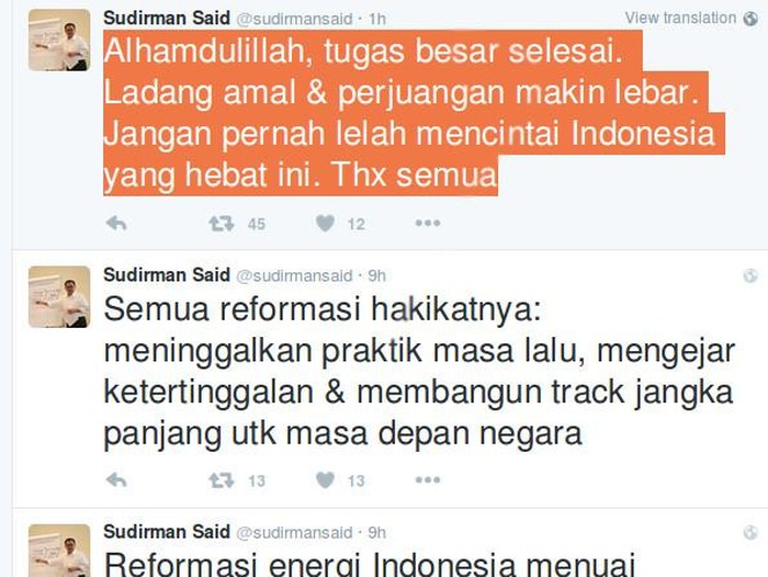Sudirman Said: Alhamdulillah Tugas Besar Selesai