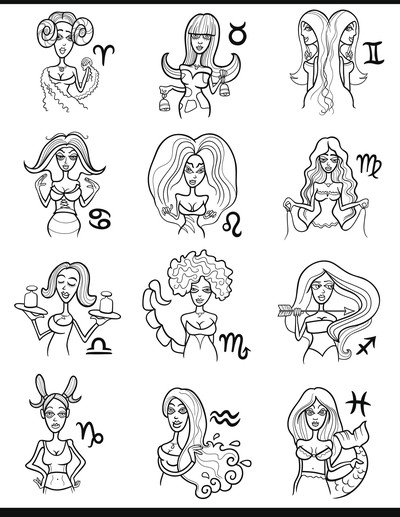 Cartoon Illustration of Black and White Horoscope Zodiac Signs with Beautiful Women