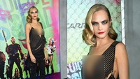 Cara Delevingne tampak seksi dengan dress semi transparan rancangan Anthony Vaccarello dan boots hitam dari Louboutin.  Jamie McCarthy/Getty Images/detikFoto.
