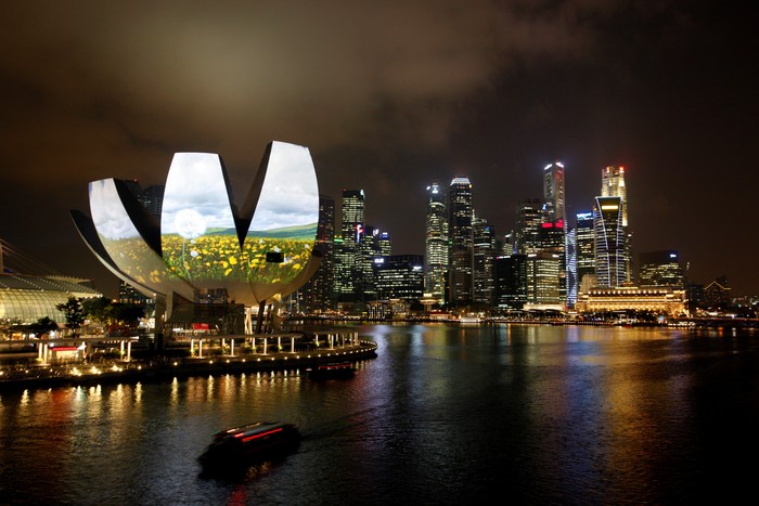 Garden of Light, an animation by Hexogon Solution of Singapore, is projected on the ArtScience Museum during a media preview of the i Light Marina Bay sustainable light art festival in Singapore March 7, 2012.  REUTERS/Edgar Su/File Photo