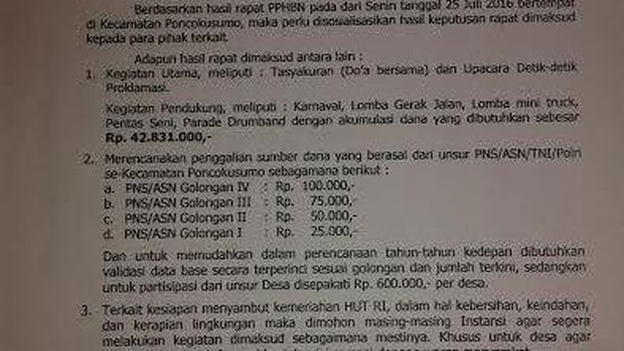 Kecamatan ini Minta Dana PNS untuk Rayakan HUT RI