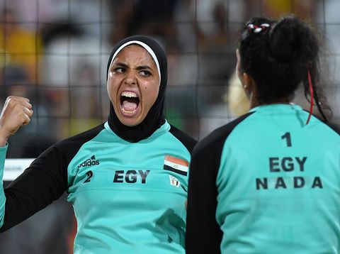 RIO DE JANEIRO, BRAZIL - AUGUST 02:  Doaa El-Ghobashy and Nada Meawad of Egypt in action during practice at the Arena de Vlei de Praia Beach Volleyball Venue on August 2, 2016 in Rio de Janeiro, Brazil.  (Photo by Shaun Botterill/Getty Images)