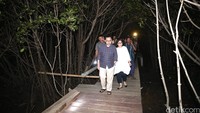 Sudirman Said dan Astried Swastika menyusuri jembatan kayu di tengah hutan mangrove.